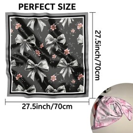 Deokke 2PC Scarf Silk Feeling Square Satin Headwear Hair Scarf Wrap 27.5 Inches Bandana Trendy Aesthetic Cute Decoration for Women Girls-Gray Pink Bowknot