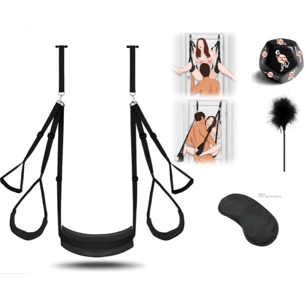 Love Swing Sex Swing Door Swing Love Swing Sex Furniture with 3 Extra Wide Pads and 2 Handles, SM Eye Mask + Sex Cube Pair + Feather Tickler, Maximum Load 100 kg (Set of 4 (Door))