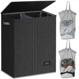SOLEDI Double Laundry Hamper with Lid, 130L Clothes Hamper 2 Section, Laundry Basket with Removable bag, Bed room decor aesthetic, laundry room organization, Home and dorm room essentials