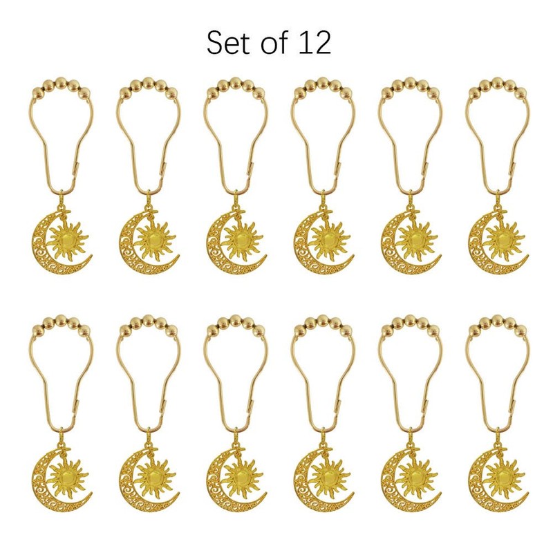 Celestial Shower Curtain Hooks 12 Pcs, Decorative Gold Sun Moon