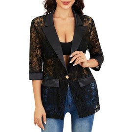 WDIRARA Women's Floral Lace Mesh One Button Lapel Neck Long Sleeve Elegant Jacket Blazer Black Mid Sleeve XXL