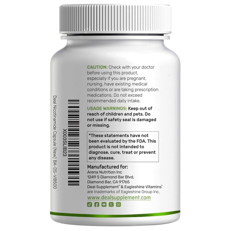 Vitamin B3 Nicotinamide 1,000mg Per Serving – 500 Capsules, Flush