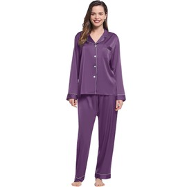Amorbella Satin Long Nightwear/Sleepwear/Loungewear Set Ladies Silky Soft 2 Piece Button Up Pajamas/PJs Plus Size (Purple, XXL)