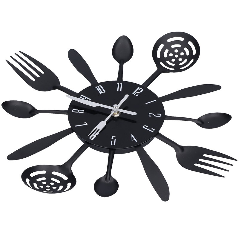 Black Kitchen Wall Clock Removable Modern Cutlery Kitchen Spoon Fork