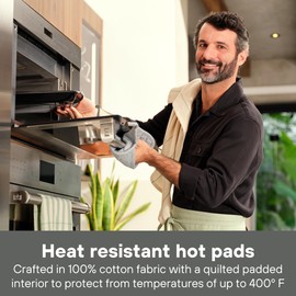 MEEMA Kitchen Oven Mitts & Heat Resistant Pot Holders | Cotton Cloth Potholders | Hot Pads Farmhouse Design | Ideal for Kitchen Essentials | Baking - Cooking & Countertops | Set of 2 | Charcoal