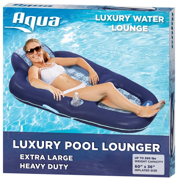 Aqua Luxury Water Lounge, X-Large, Inflatable Pool Float with Headrest, Backrest & Footrest, Navy/Light Blue