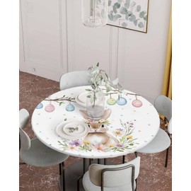 ZFUNCING Round Fitted Tablecloth Elastic Edged Table Cover,Happy Easter Rabbit Spring Flower Waterproof Wipeable Table Cloths for Kitchen Dining Party Fit up 45-54in Tables,Colorful Egg Tree Branch