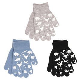 3 Pairs Unisex Kids Boys Girls Themed Children's Magic Winter Gloves Soft Warm Thermal Knit Full Finger Stretchy Ages 3-10 Years One Size (Dinosaur #1064)