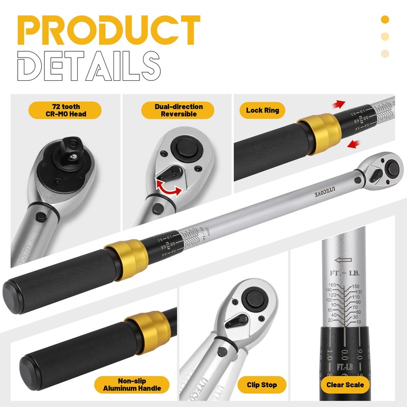 UYECOVE 1/2-Inch Drive Click Torque Wrench Set, 10-160 FT-LB/13.6-217Nm Torque