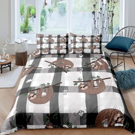 Feelyou Sloth Duvet Cover Buffalo Check Bedding Set Cute Animal Pattern Comforter Cover for Boys Girls Children Bedroom Decor Cartoon Sloths Printed Bedspread Cover Queen Size with 2 Pillow Case
