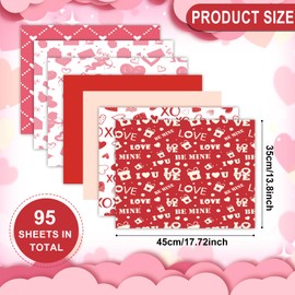 95 Sheets Valentines Tissue Paper, 17.7x13.8 Inch Valentine Gift Wrapping Paper Pattern Paper Set Decorative Paper for Wedding Anniversary DIY Scrapbook Craft Decor (5 Designs, 1 Red, 1 Pink)