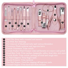 FAMILIFE Manicure Set Professional Rose Gold Nail Clippers Kit Pedicure Care Tools 13 In 1 Portable Stainless Steel Grooming Kit with Pink stylish case