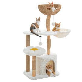 PEQULTI 48.5'' Modern Cat Tree Solid Wood Cat Tower for Indoor Cats with Luxury Cat Condo, Cozy Hammock, Scratching Post, Rattan Perch and Flower Cat Bed for Large Cats Adult, White