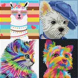 Set of 4 5D Diamond Painting Children Animals Set Full Diamond Painting Pictures Children Animals, DIY Mosaic Making Crafts Girls Boys 6 7 8 9 10 11 12 Years, Gift Children from 6 Years 15 x 15 cm