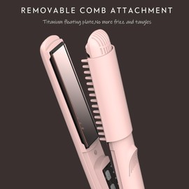 AINA Hair Straightener Comb, Flat Iron with Comb | Titanium Iron 450F | Dual Voltage Hair Straightening | Curling 2 in1 | Resolve Tangled | frizz Free (Babe Pink)