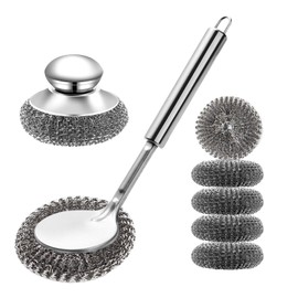 Steel Wool Scrubber with Handle, Cast Iron Scrubber, Stainless Steel Scrubber, with 5 Refills and Long Handle Stainless Pot Brush, Remove Dirt, for Cleaning Stoves, Sinks, Dishes, Grills, Bowls