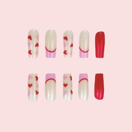 Valentine’s Day Nails Press ons Medium Square Fake Nails Pink Nails Press ons with Cute Hearts Design Reusable Artificial Nail Full Cover Stick on Nails for Women Manicure 24Pcs