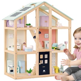 Pillowhale Wooden Dollhouse, 3-Story Wooden Doll House with 38-Piece Furniture, 6 Rooms Modern Family Playhouse, Movable Stairs & Adjustable Pendant Lights, Gift for Kids Ages 3+