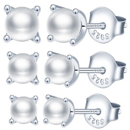 MicLee Fashion Women's Pearl Earrings 925 Sterling Silver Four Claw Pearl Stud Earrings Fashion Girls Earrings 3/4/5 mm Set of Three Pairs, Sterling Silver Pearl, Pearl