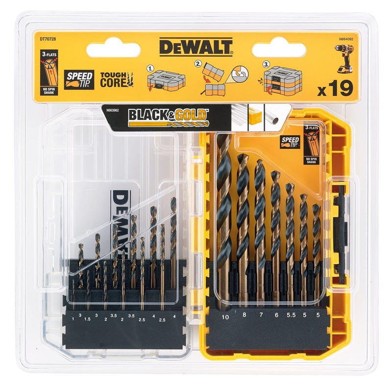 DEWALT DEWDT70728QZ 19PC HSS BLACK AND GOLD DRILL SET, Black/Yellow,