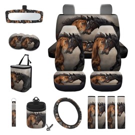 Wanyint Brown Black Horse 15 PCS Car Seat Cover Full Set, Front Back Seats Cover Steering Wheel Covers Auto Seatbelt Pads Cup Coaster Trash Can Air Vent Holder Rear View Mirror Cover Coasters Keychain