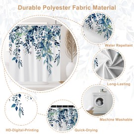 Ttincceer Blue Eucalyptus Shower Curtain, Botanical Tree Leaves Plants Bathroom Curtain, Spring Natural Floral Weeping Leaves Shower Curtain Set with 12 Hooks for Bathroom, 183x183cm