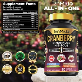 Tenmido Cranberry Supplements - 7in1 with Vitamin C, D-Mannose, Hibiscus, Curcumin, Probiotic & Black Pepper - 90 Vegan & Non-GMO Capsules