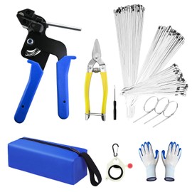 Stainless Steel Cable Tie Gun with 150 Pcs (50 Each of 8, 12, 16 Inch) Metal Zip Ties Tool, Heavy Duty Self-locking Cable Tie Gun Kit for Fastening and Cutting Fence Exhaust Pipe Outdoor