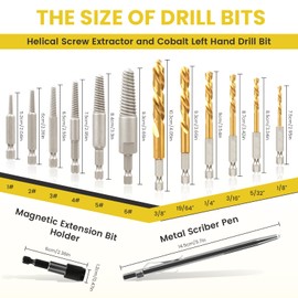 14-Pieces Screw Extractor and Left-Hand Drill Bit Set, Easy Out Broken Bolt Remover Reverse Cobalt HSS Steel Drill Kit, Ez Out Stripped, Rounded-Off, Damaged Bolts, Screws&Studs Removal Tool(Yellow)