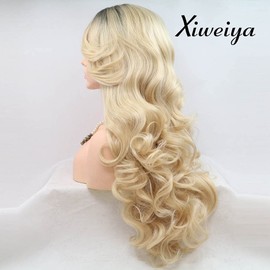 Xiweiya Long Blonde with Dark Roots Wavy Wig Hair for women Natural Hairline Blonde Synthetic Lace Front Wigs For Women Mermaid Haircut Heat Resistant Wig Makeup Girl Hairstyle High Density 24 inch