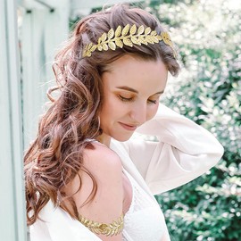 ZKSXOA Pack of 3 Greek Goddess Leaf Headband for the Bride, Pearl Gold Leaf Earrings, Leaf Bracelets, Crown Bridal Headpiece, Wedding Hair Band, for Women, Tiara Costume, Hair Accessories