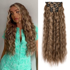 FLUFYMOOZ Clip In Hair Extensions,6PCS Hair Extensions Long Mermaid Waves Wavy Synthetic Clip On Hairpiece For Women 24 Inch (Deep Brown with Dirty Blonde)