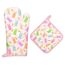 Arquiel Easter Bunny Cartoon Oven Mitts and Pot Holders -100% Cotton, Heat Resistant Extra Long Oven Gloves & Hot Pads for Cooking BBQ Grilling Baking Gift, Set of 2