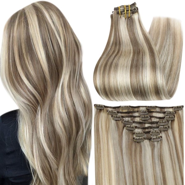 Full Shine Clip in Human Hair Extensions 7 Pcs Remy Hair Clip in Hair Extensions 12 Inch Blonde Highlights Clip in Extensions 80 Gram Soft Hair Color 8P60 Platinum Blonde Hair Extensions