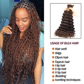 Ratheinhi Color 4# Auburn Brown Deep Wave Bulk Human Braiding Hair 2 Bundles Total 100g 20 Inch Human Hair for Braiding Brazilian Deep Wave Hair Weft for Boho Braids