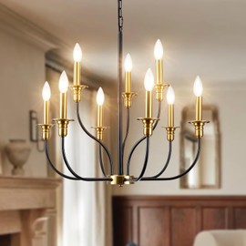 JZQWCK 9-Light Black and Gold Chandeliers for Dining Room, Modern Chandelier Candle Chandelier Light Fixtures Ceiling Mount, Farmhouse Chandelier for Living Room Light Fixture,Pendant Lights