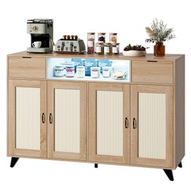 Rattan Sideboard Buffet Cabinet, 4 Doors 2 Drawers Accent Storage Cabinet, Console Table Coffee Bar With Power Outlet, Adjustable Shelves for Kitchen, Dining Room, Hallway, Living Room, Natural