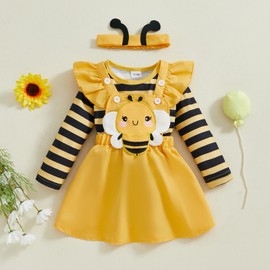 Infant Girl Fall Outfits Baby Girl Romper Cartoon Bee Ruffle Suspender Skirt Bow Headband 3 Pcs Set 0-18 Months (Yellow, 3-6 Months)