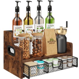 Homode Coffee Syrup Rack Organizer, 3-Tier 8 Bottles Syrup Holder Stand with 35 K Cup Storage Basket Drawer for Coffee Bar, Wood Liquor Shelf Wine Rack Countertop for Home, Rustic Brown