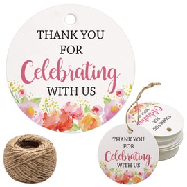 Thank You Floral Tags - 100pcs for Wedding, Birthday, Baby Showers & Parties - Paper Gift Tags with Jute String