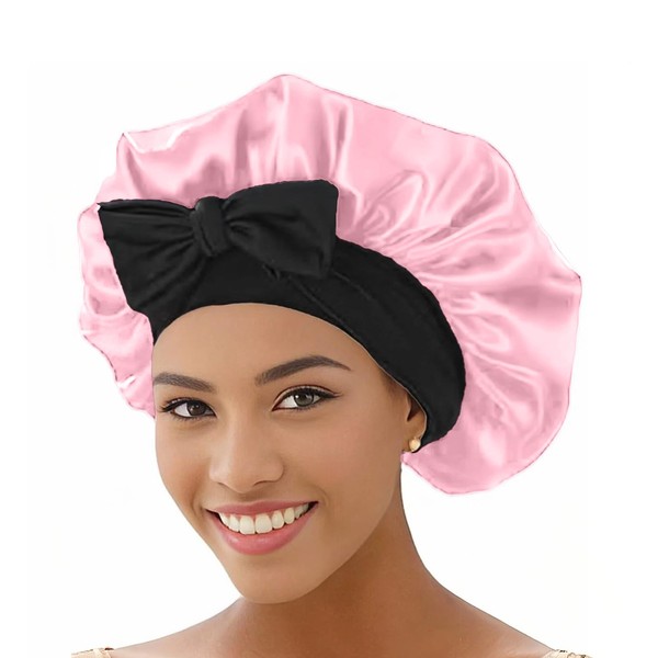 Mcoser Pink Silk Sleep Bonnets for Women,Adjustable Hair Cap for