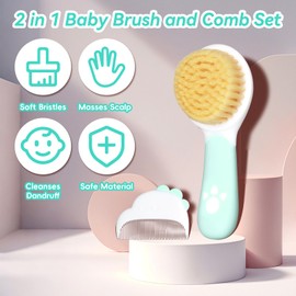 Baby Hair Brush and Comb Set, Soft Bristles Cradle Cap Brush for Newborns, Toddlers, Baby Registry Gift (Green)