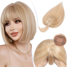TESS Real Hair Toppers For Women UK Human Hair For Thinning Hair With Bangs Fringe Mono Base Natural Crown Hairpiece Short - #18P613 Ash Blonde & Bleach Blonde - 06 Inch