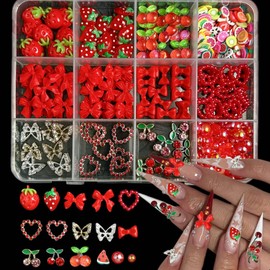 Red Cherry Nail Charms Kit, Cute 3D Resin Strawberry Bow Charms, Mix Fruit Flatback Pearl Nails Art, Alloy Butterfly Heart Rhinestones Nail Jewels for Women Nail Accessories Art Supplies