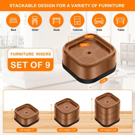 shouwuhho 9 Pack Furniture Risers Adjustable Bed Risers Heavy Duty Lifts Height 1", Square Stackable Bed Risers 1, 2 or 3 Inch for Desk Leg Table Couch Sofa Chair Bed Frame Legs Dorm, Brown