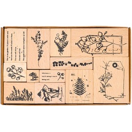 Huralona 12pcs Wooden Rubber Stamps Set Vintage Decorative Mounted Rubber Stamp Plant Flower Animal Pattern DIY Wood Rubber Stamp for Journaling Craft Scrapbooking Diary