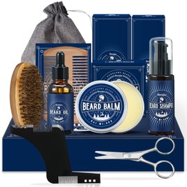 Bartpflege Set Geschenke Männer, Beesjuy 11 in 1 Bartpflege Set für Männer, mit 60ML Bartshampoo, 30ML Bartöl, Bartbalsam, Bartkamm, Bartbürste, Bartschere, Bartschablonen, Geschenkset Valentinstag