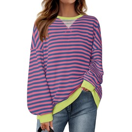 ZESICA Womens Casual Striped Pullover Tops Long Sleeve Shirts Crewneck Oversized Sweatshirts Spring Clothes,Rose,X-Large