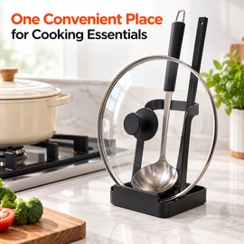 Pot Lid & Spoon Holder for Kitchen – U-Shaped Open-Top Organizer with Removable Drip Tray for Countertop Cooking