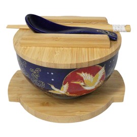 Ebros Gift Artistic Donburi Ramen Udon Noodles Soup Salad 6" D 28Oz Bowl With Bamboo Lid Trivet Base 'Renge' Spoon And Chopsticks Set Dining Kitchen Accent (Purple Midnight Red Moon Crane)